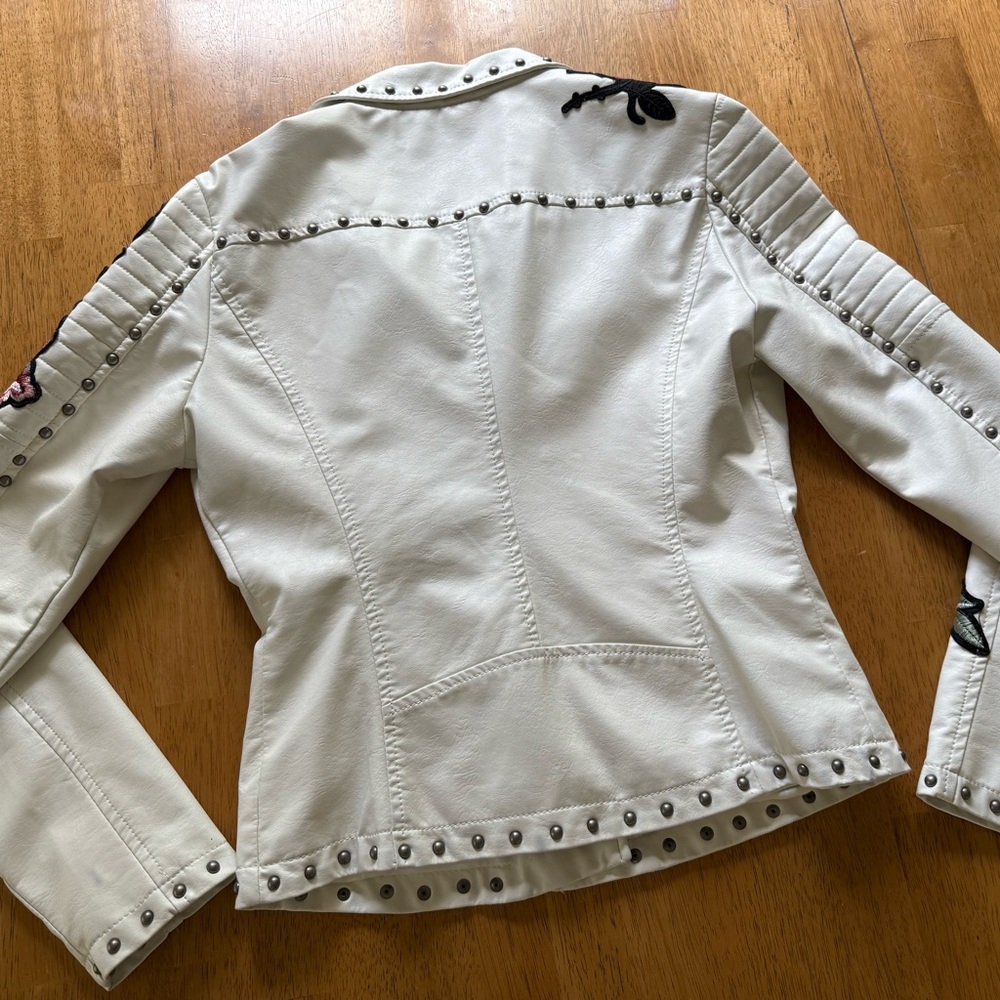 Embroidered studded faux leather moto jacket - Picture 7 of 12